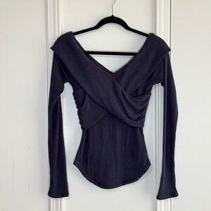 Free People Navy Blue Ribbed Blouse with Off The Shoulder Detaim